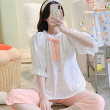 七采雏菊 夏季孕妇睡衣纱布纯棉月子服薄款产后哺乳喂奶衣短袖七分裤孕妇装公主风露肩 H3144虾粉色纱布纯棉短袖套装 M码（80-110斤内合适）