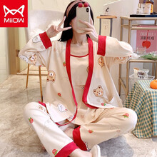 猫人三件套月子服夏薄款纯棉产后吸汗孕妇7月份春秋季产妇6冬哺乳睡衣 3802泡泡熊三件套(内吊带) L(建议100-120斤)