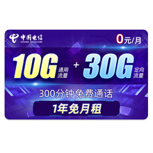 中国电信 电信流量卡不限速无限流量上网卡纯流量大王卡不限量4g5g日租卡电信卡电话卡手机卡号码卡 电信蓝风铃卡-0元40G流量+300分钟-J03