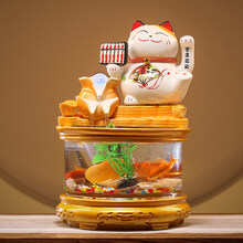 创意猫摆件自动招手循环流水鱼缸桌面装饰店铺收银台开业送礼 猫流水器摆件-摇手款-金运千万两