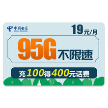 中国电信 流量卡手机卡电话卡无线上网卡不限速5G手机号全国通用 【惊鸿卡】19元/月95G不限速充100得400元