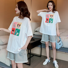 欣柏纶 孕妇装套装夏季夏款孕妇卡通套装孕妇两件套外出外穿宽松大码孕妈装 白色T恤 M