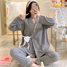 日系和服月子服产后春夏季孕妇哺乳睡衣女怀孕期精梳棉家居服套装 红色 L码