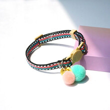 ins设计可爱铃铛毛绒球猫咪项圈猫民族风项链猫咪安全扣SKEINS 深粉绿 带宽1.0cm