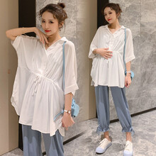 孕妇装夏装休闲孕妇裤外穿新款孕妇套装短袖T恤上衣时尚款孕妈装夏季夏天裙子网红两件套 蓝色套装 L