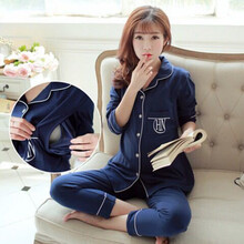 薄款月子服夏季孕妇睡衣哺乳衣怀孕期产后喂奶坐月春秋家居服套装 宝蓝开衫 XL【建议125-145斤穿】