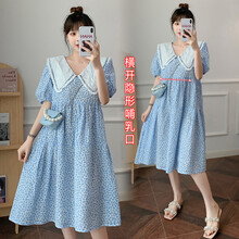 敏潮格伦新款孕妇夏甜美可爱大翻领印花宽松显瘦减龄可哺乳连衣裙 蓝色哺乳款 M
