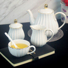 莲泽欧式金边陶瓷咖啡杯套装 陶瓷咖啡具套装家用搪瓷水杯凉水壶奶壶糖罐带托盘轻奢下午茶茶具办公送礼 【南瓜金边水具】4杯+水壶+奶壶+糖罐+托盘