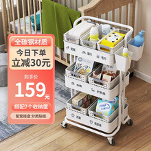 心家宜 厨房置物架 落地多层移动储物架小推车办公室杂物架零食架美容院 孕妇婴幼儿用品玩具架收纳架架子 象牙白 带扶手(碳钢网篮)+7收纳篮+2挂盒+贴纸