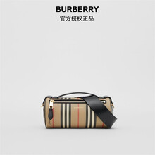 博柏利（BURBERRY）2021早秋女士The Barrel – 标志性条纹环保帆布拼皮革巴瑞尔包80304561 典藏米色