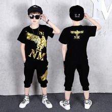 童装儿童夏季套装2021新款儿童5男童宝宝6短袖7夏装8小孩衣服两件套 黑色 160cm