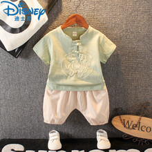 迪士尼（Disney）男童夏季汉服套装0-1-7岁男宝宝中国风夏装儿童民族风短袖两件套 绿色棉麻汉服套装 90