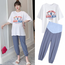 孕妇装夏季休闲T恤+托腹裤两件套2021新款夏天时尚潮妈宽松孕妇套装夏款 白T+蓝色裤子（套装） M