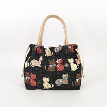 饭盒口袋 帆布袋饭盒袋便捷卡通抽绳束口袋便当包带饭盒袋子居家收纳包袋 黑色碎花小猫