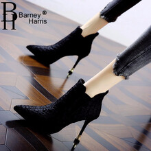 BarneyHarris品牌高跟鞋女裂纹小码时装短靴尖头套脚松紧带及踝靴裸新款细跟女鞋 黑色 33