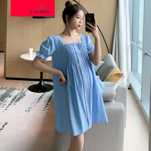 Q&BEARMAI今年流行妈妈专区孕妈装外出2021孕妇装夏装棉麻连衣裙新款短袖方领法式连衣裙潮妈F 蓝色 XXL