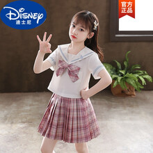 迪士尼【商场同款】 2021新款女童jk女大童裙子儿童百褶裙连衣裙网红夏装格子夏季套装学院 粉色 110cm