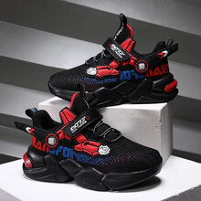 巴布旗 2021秋冬季男童鞋子运动鞋皮面儿童中大童加绒新款男孩二棉鞋小童 飞织黑红299 28码/内长17.8cm