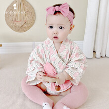 modomoma礼寓新生儿用品婴儿衣服夏季女宝甜美粉色印花连体衣森系女童爬服 粉色花朵蝴蝶结和服 66cm（建议3-6个月）