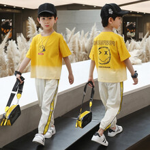 【渐变色】童装男童夏装儿童短袖套装2021款韩版潮流运动休闲两件套 黄色 140码建议身高130CM