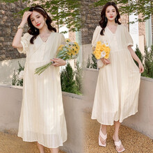 孕妇装夏天裙子2021夏装潮妈雪纺过膝长裙女孕妇连衣裙孕妈装 杏色 M