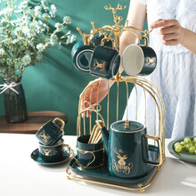 嘉百福 北欧ins风马克杯带盖勺网红大容量欧式小奢华陶瓷咖啡杯子办公室水杯创意简约牛奶杯情侣杯礼盒装 孔雀绿】咖啡壶+6杯碟+6匙+匙筒