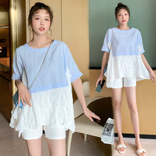 欣柏纶 孕妇装套装夏季夏款孕妇套装孕妇格子拼接两件套外出外穿宽松大码孕妈装 蓝格上衣 M