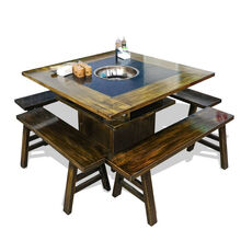 火锅桌椅组合商用燃气灶电磁炉一体桌子饭店餐馆用大理石开洞圆桌 款式1(一桌4凳)