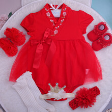 满月服女宝百天百日宴拍照衣服新生儿周岁服女宝宝满月服夏季婴儿汉服爬爬服薄礼服100天连衣裙 裙+鞋+袜+发带+网眼防蚊袜 +王冠发带 59cm