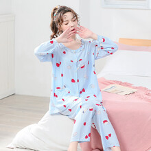 优贝仕新品棉绸睡衣女夏季薄长袖大码人造棉产后月子服家居服套装空调服 长袖开衫蓝色草莓 XL 适合120-135斤