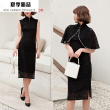 【中国风】旗袍年轻款中国风套装复古改良版连衣裙中长款气质蕾丝披肩两件装 3号黑色 XL