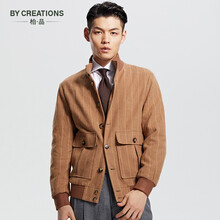 By Creations柏品纯棉立领条纹飞行夹克男商务休闲长绒棉起绒修身短款工装外套 浅咖色 XL