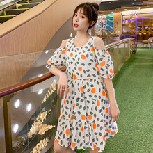 敏潮格伦孕妇装夏装时尚小清新印花露肩短袖连衣裙宽松大码裙子韩版孕妇裙 橙色 M