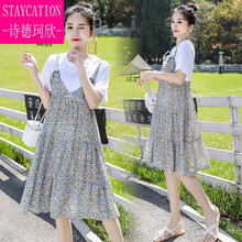诗德珂欣【甄选精品】孕妇吊带裙夏外穿潮妈夏装连衣裙夏气质洋气碎花假两件纯棉孕妇装 蓝色 M