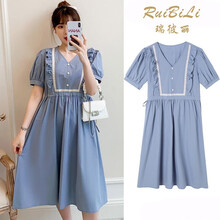瑞彼丽 孕妇装夏装外出连衣裙时尚潮妈款V领泡泡袖宽松显瘦小个子裙怀孕期外穿宽松孕妇裙子 蓝色孕妇装（没有哺乳口） M