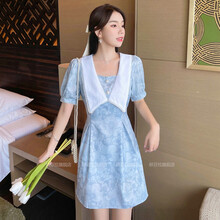 【竖向拉链喂奶】妍芬拉 哺乳衣外出2021夏装薄款中长款夏日出街王炸拼接花边领甜美潮妈可哺乳连衣裙子 蓝色【哺乳款两侧拉链】 L