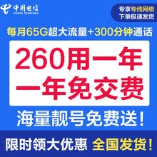 中国电信 电信手机卡号码流量卡大流量上网卡电话卡沃派校园卡包年免交费不限无限流量全国通用不限速大王卡 【一年免交费】0元/月65G流量+300分钟+爆款