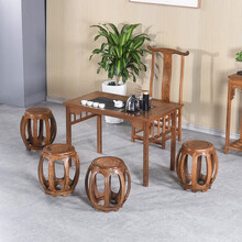 寻古红木家具非洲鸡翅木（学名：非洲崖豆木）小茶桌椅组合实木新中式泡茶桌办公室阳台茶台茶艺桌 六件套：茶桌+官帽椅+圆鼓凳