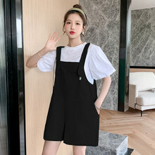 南叮雅格孕妇装背带裤套装2021韩版宽松背带短裤夏季时尚款泡泡袖两件套怀孕期洋气潮妈 单件 黑色背带裤 L 115-125斤