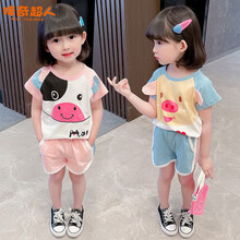 咪奇超人童装女童套装夏装儿童套装幼童小童1-6岁女宝宝休闲短袖T恤短裤两件套运动小女孩夏季衣服 粉红色 110码建议身高95-105cm
