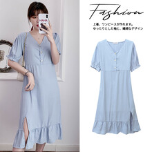 敏潮格伦孕妇连衣裙2021新款夏季气质温柔V领显瘦开叉大码宽松中长款辣妈 蓝色 M