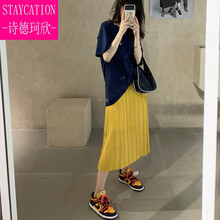 【轻奢高档】孕妇半身裙夏季新款时尚潮妈外穿中长款百褶裙夏天开叉孕妇装长裙 明黄色 M