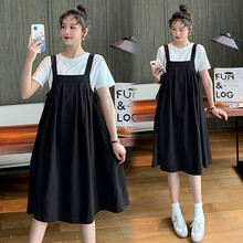 敏潮格伦孕妇连衣裙两件套装夏天2021年新款休闲外出女夏季背带时尚款 黑色裙+白T L
