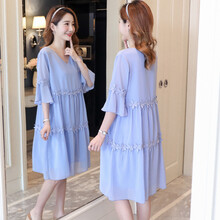 什靓孕妇连衣裙夏装2021新款 时尚V领绣花雪纺裙宽松潮妈甜美夏季裙子 蓝色 L
