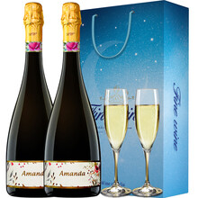 超市	意大利进口气泡酒阿斯蒂产区阿曼达柯蒂斯果味白葡萄酒9.5%vol甜起泡酒配2香槟杯 双支礼盒装+2香槟杯
