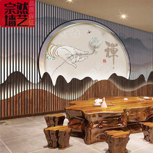 新中式立体山水禅意佛手墙纸客厅画佛堂背景墙装饰茶室茶舍壁纸 图可定制 仅墙纸