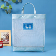 绿文学生手提袋拎书袋大容量文件袋按扣网纱科目分类袋透明美术补习班袋补课收纳包 蓝色-手提袋（加4张分类标签）1个装