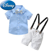 迪士尼 (Disney)  夏装婴儿童背带裤套装男宝宝短袖纯棉衬衫男童绅士周岁礼服外出服 高品质蓝色款蓝黄领结 高品质120cm