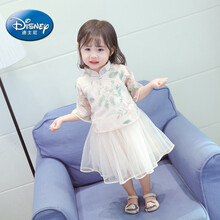 迪士尼旗舰官方店女童连衣裙2021新款汉服纱裙中国风儿童夏装洋气女宝宝夏季小童装小孩子的1-14岁 改良复古刺绣纱裙-杏色 100cm