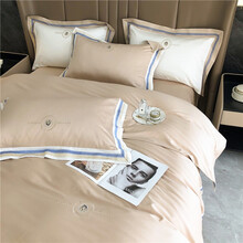 贵福爽 韩版全棉100支澳棉刺绣四件套纯棉简约纯色长绒棉绣花床上用品套件 法尔M-咖 适用1.5或1.8米床（被套200*230cm）